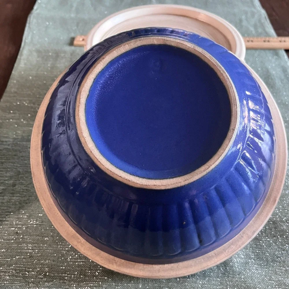 2 Vintage Beautiful Cobalt Blue Red Wing Stoneware 8 and 9 inch Ribbed Bowls